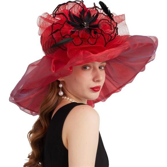 Women's Derby Church Fascinators Hat with Detachable Flowers Red - Picture 5 of 7